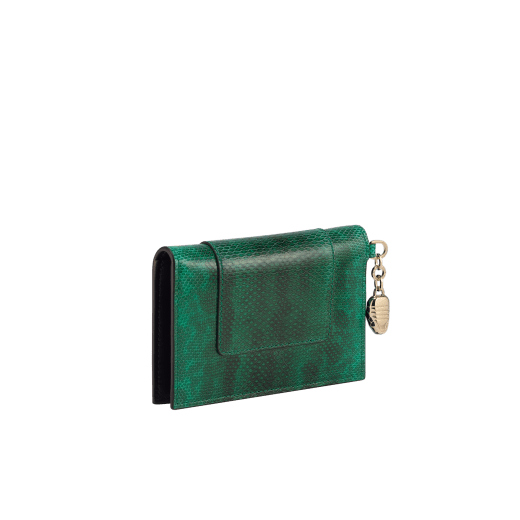"Serpenti Forever" folded card holder in "Molten" light gold karung skin and black calf leather. New Serpenti head charm in gold-plated brass, finished with red enamel eyes. SEA-CC-HOLDER-FOLD-MKa image 3