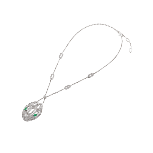 Serpenti necklace in 18 kt white gold, set with emerald eyes and pavé diamonds both on the chain and the pendant. 352752 image 2
