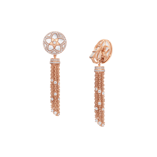 Jannah Flower 18 kt rose gold earrings set with mother-of-pearl inserts and pavé diamonds, and with an 18 kt rose gold and pavé diamond tassel 358488 image 3