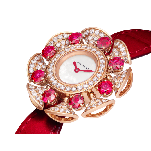 Divas' Dream High Jewellery watch with 18 kt rose gold case set with round brilliant-cut diamonds (F-G VVS, ~2 ct) and 8 brilliant-cut rubies (~3.6 ct), mother-of-pearl dial and red alligator bracelet. Water-resistant up to 30 metres. 103754 image 2