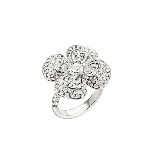 In der Zartheit ihrer schimmernden Diamant-Pavé-Blütenblätter feiert der Fiore di Bulgari Ring die exquisite Schönheit der Natur mit einem romantischen und kostbaren Design. RV258 image 1