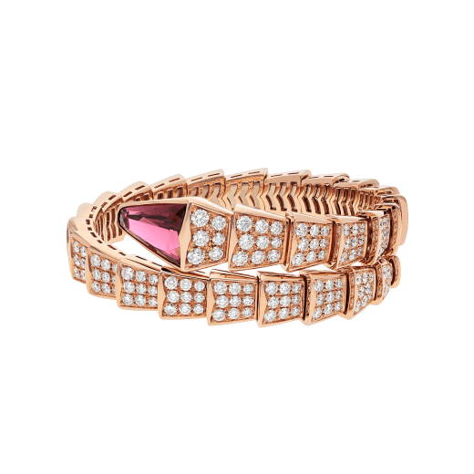 Serpenti one-coil bracelet in 18 kt rose gold, set with full pavé diamonds and a rubellite on the head. BR856126 image 2