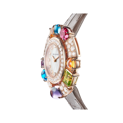 Allegra watch with 18 kt rose gold case set with brilliant-cut diamonds, 2 citrine, 2 amethysts, 2 blue topazes, a peridot and a rhodolite, mother-of-pearl dial, 12 diamond indexes and taupe shimmering alligator bracelet. Water resistant up to 30 metres 103493 image 3