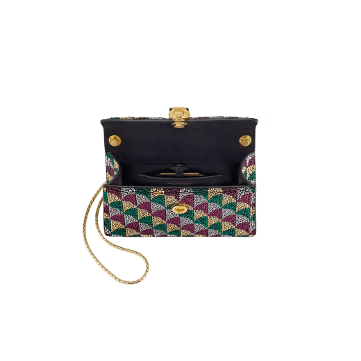 Mini borsa a tracolla Serpenti Forever con motivo Calla realizzato con cristalli oro e argento applicati su pelle scamosciata beige travertino e fodera in nappa agata beige. Accattivante chiusura magnetica Serpenti in ottone placcato oro chiaro con squame diamantate e occhi in onice nera. SEA-002-0986XS-CALLA image 3