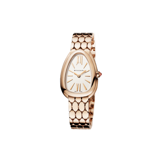 SERPENTI SEDUTTORI Lady Watch. 33 mm rose gold 18kt case and bracelet. 18 kt rose gold bezel and crown set with 1 cab cut pink rubellite, white silver opaline dial. Bracelet with folding clasp. Quartz movement, hours and minutes functions. Water-resistant up to 30 metres. 103145 image 2