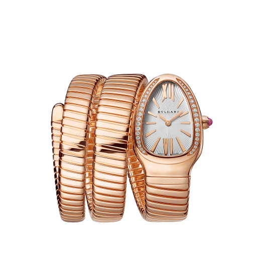 Serpenti Tubogas Lady watch, 35 mm 18 kt rose gold curved case set diamonds, 18 kt rose gold crown set with a pink cabochon-cut rubellite. silver opaline dial with guilloché soleil treatment and double spiral 18 kt rose gold bracelet. Quartz movement, hours and minutes functions. Water proof 30 m. 103002 image 1