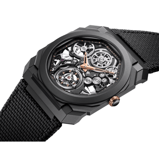 Octo Finissimo Tourbillon Skeleton watch with mechanical manufacture ultra-thin movement (1.95 mm thick), manual winding and flying tourbillon, sandblasted titanium case with black DLC, openwork dial and black rubber bracelet. Water-resistant up to 30 metres. 103984 image 2