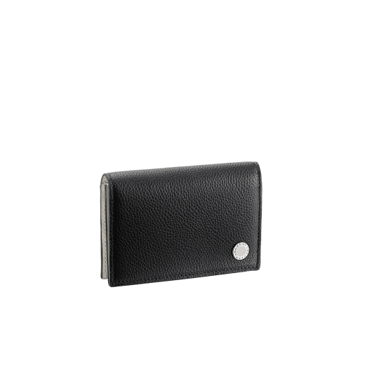 "BVLGARI BVLGARI" business card holder in black soft full grain calf leather and white agate calf leather, with brass palladium plated logo décor coloured in white agate enamel. BBM-BC-HOLD-SIMPLE-sfgcl image 1