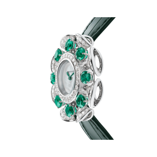 DIVAS' DREAM Divissima High Jewellery watch with 18 kt white gold case and mobile petals set with 8 brilliant-cut emeralds and round brilliant-cut diamonds, mother-of-pearl dial, and green alligator bracelet. Water-resistant up to 30 metres 103505 image 2
