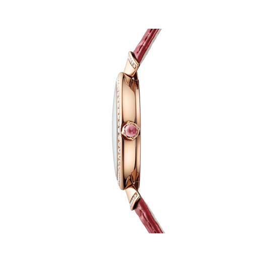 Divas' Dream 18 kt rose gold watch with diamond-set bezel and links, gold mosaic dial, red hands and red alligator bracelet. Water-resistant up to 30 metres 103996 image 3