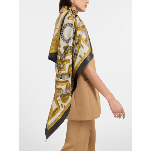 Wonder Garden scarf in fine Eden green silk twill with a BVLGARI BVLGARI metal pendant. Made of 100% silk. WONDERGARDEN-SQ image 1