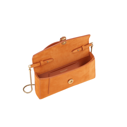 Serpenti Forever phone case in Terracotta nubuck leather. Captivating snakehead magnetic closure in gold-plated brass embellished with Terracotta enamel and gold-plated brass scales, and black onyx eyes. 295636 image 2