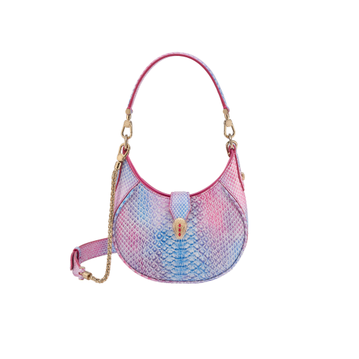 Serpenti Ellipse small crossbody bag in coral carnelian orange Urban grained calf leather with silky coral pink grosgrain lining. Captivating snakehead closure in gold-plated brass embellished with black onyx scales and red enamel eyes. 1204-UCLb image 1