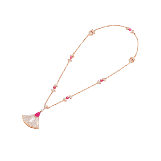 DIVAS' DREAM necklace in 18 kt rose gold set with rubellites, mother-of-pearl elements and pavé diamonds Necklace with a double wearability and a detachable Bracelet 360700 image 2
