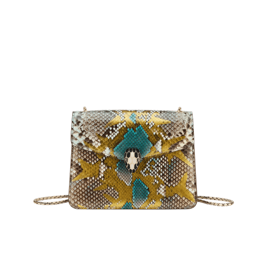 "Serpenti Forever" crossbody bag in agate-white "Camo" python skin with Mimetic Jade green nappa leather inner lining. Alluring snakehead closure in light gold-plated brass enriched with black and pearly, agate-white enamel and black onyx eyes. 422-Pa image 1