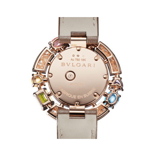 Allegra watch with 18 kt rose gold case set with brilliant-cut diamonds, 2 citrine, 2 amethysts, 2 blue topazes, a peridot and a rhodolite, mother-of-pearl dial, 12 diamond indexes and taupe shimmering alligator bracelet. Water resistant up to 30 metres 103493 image 4