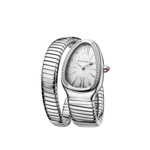 Montre Serpenti Tubogas avec boîtier et bracelet une spirale en acier inoxydable, lunette sertie de diamants taille brillant et cadran en opaline argentée. Grand modèle. SrpntTubogas-white-dial2 image 2