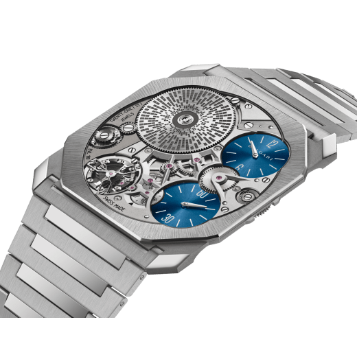 Octo Finissimo Ultra Platinum watch with mechanical manufacture ultra-thin movement, manual winding, platinum case (1.80 mm thick) and bracelet (1.50 mm thick), openwork dial, and sandblasted stainless steel ratchet. Limited Edition of 20 pieces. 103832 image 2
