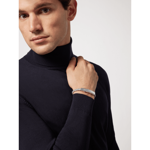 BULGARI BULGARI Man bracelet in moonbeam pearl light grey braided calf leather and rubber. Silver front clasp engraved with the iconic BULGARI logo. BBMLOGOPLATE-BCL-FO image 2