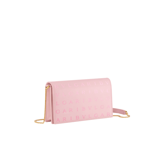 Bvlgari Logo chain wallet in Ivory Opal white calf leather with hot stamped Infinitum Bvlgari logo pattern and plain Pink Spinel nappa leather lining. Light gold-plated brass hardware BVL-CHAINWALLETb image 1