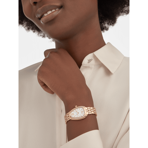 SERPENTI SEDUTTORI Lady Watch. 33 mm rose gold 18kt case with diamonds . Bracelet 18 kt rose gold set with diamonds, crown set with rubellite . White dial. gold bracelet with folding clasp. Quartz movement, hours and minutes functions. Water-resistant up to 30 metres. 103275 image 1