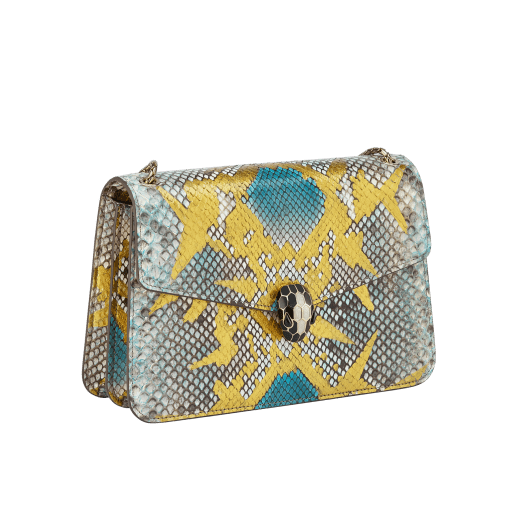 Serpenti Forever shoulder bag in multicolour Early Bright python skin with caramel topaz beige nappa leather lining. Captivating snakehead closure in light gold-plated brass embellished with black and caramel topaz beige enamel scales and black onyx eyes. 1140-P image 2