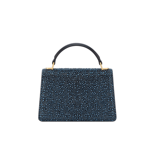 Serpenti Forever mini top handle bag in multigradient Fireworks Crystals with black nappa leather lining. Captivating snakehead magnetic closure in gold-plated brass embellished with diamond-cut engraving on the scales, and black onyx eyes. SEA-001-1283XS-fireworks image 2