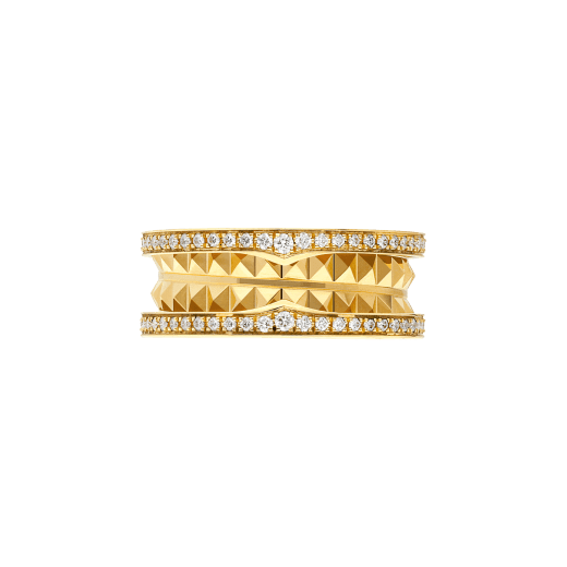 خاتم بي.زيرو1 روك بحلقتين من الذهب الأصفر عيار 18 قيراطاً، الجزء اللولبي مزين بزخارف نافرة وألماس مرصوف على الحواف AN859092 image 3