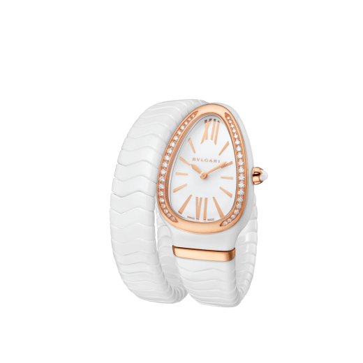 Часы Serpenti Spiga, корпус из белой керамики, безель из розового золота 18 карат с бриллиантами классической огранки, белый лакированный циферблат, браслет в один виток из белой керамики с элементами из розового золота 18 карат. 102613 image 3