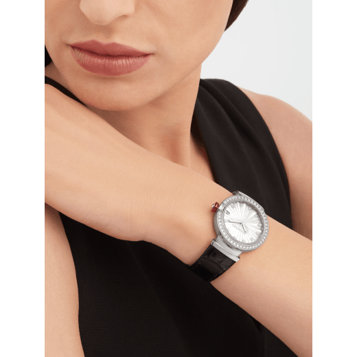 LVCEA watch with mechanical manufacture movement with automatic winding, polished stainless steel case set with diamonds, white mother-of-pearl marquetry dial, 11 diamond indexes and black alligator bracelet. Water-resistant up to 50 meters 103476 image 1