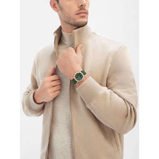 Bvlgari Bvlgari 50th Anniversary Limited Edition watch with mechanical automatic in-house movement, 18 kt yellow gold case and bezel engraved with BVLGARI ROMA logo, Verde Alpi green marble dial and dark green alligator bracelet. Water-resistant up to 50 metres 104112 image 1