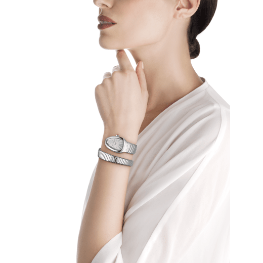 Serpenti Tubogas single spiral watch in stainless steel case and bracelet, with silver opaline dial. Large size. SrpntTubogas-white-dial1 image 3