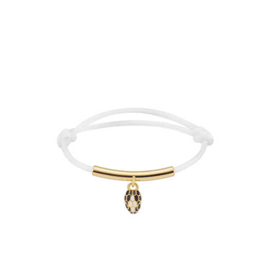 Serpenti Forever bracelet in sun citrine yellow fabric. Light gold-plated brass thread and captivating snakehead charm embellished with black and white agate enamel scales and black enamel eyes. SERP-MINISTRINGd image 1