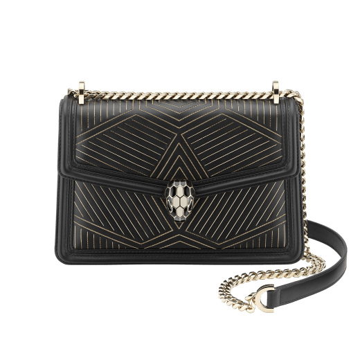 “Serpenti Diamond Blast” shoulder bag in white agate calf leather, featuring a Whispy Chain motif in light gold finishing. Iconic snakehead closure in light gold plated brass enriched with black and white agate enamel and black onyx eyes. 922-WC image 1