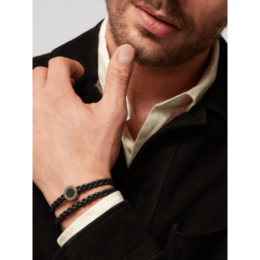 BULGARI BULGARI men's bracelet in black braided calf leather with palladium-plated brass clasp closure. Iconic décor in palladium-plated brass embellished with matt black enamel. BBM-LOGOBRAID-BCL-B image 1