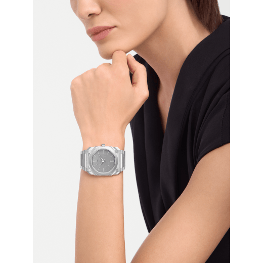 Octo Finissimo Automatic watch with satin-polished titanium case and bracelet, extra-thin mechanical manufacture movement, automatic winding, small seconds and opaline titanium dial. Water-resistant up to 30 metres. 104351 image 1