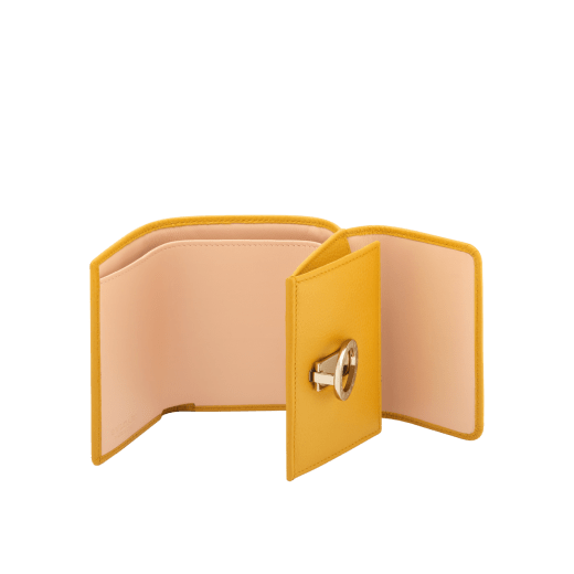 BULGARI BULGARI Japan Exclusive compact wallet in soft drummed taupe quartz light brown calf leather with crystal rose nappa leather interior. Iconic light gold-plated brass clip and press button closure. 579-MINICOMPACTc image 2