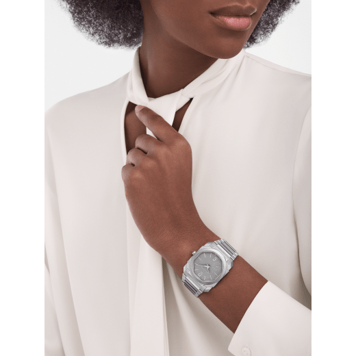 Octo Finissimo Automatic watch with satin-polished titanium case and bracelet, extra-thin mechanical manufacture movement, automatic winding, small seconds and opaline titanium dial. Water-resistant up to 30 metres. 104351 image 1