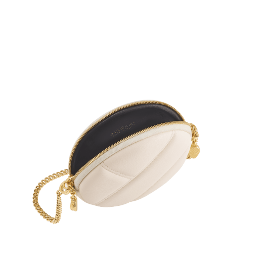 Serpenti Cabochon round pouch in azalea quartz pink calf leather with a maxi matelassé pattern and beetroot spinel fuchsia nappa leather interior. Captivating snakehead zip pullers in light gold-plated brass embellished with red enamel eyes, and zipped fastening. SCB-ROUNDPOCHETTE image 2