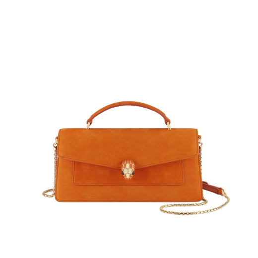 Serpenti Forever Elongated top handle bag in Terracotta nubuck leather with Terracotta nappa leather lining. Captivating snakehead magnetic closure in light gold-plated brass embellished with Terracotta enamel and gold-plated brass scales, and black onyx eyes. 295620 image 4