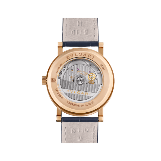 Bvlgari Bvlgari watch with mechanical automatic in-house movement, 18 kt rose gold case and bezel engraved with double logo, blue marble dial and blue alligator bracelet. Water-resistant up to 50 metres 104113 image 4