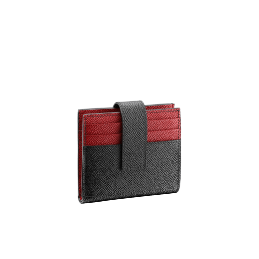 "BVLGARI BVLGARI" card holder in black and ruby red grain calf leather. Iconic logo decoration in palladium plated brass. 290070 image 3