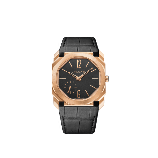 Octo Finissimo Automatic watch with mechanical manufacture movement, automatic winding, platinum microrotor, small seconds, extra-thin 18 kt satin-polished rose gold case, transparent case back, black matte dial and black alligator bracelet. Water-resistant up to 100 metres 103286 image 1
