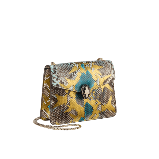 "Serpenti Forever" crossbody bag in agate-white "Camo" python skin with Mimetic Jade green nappa leather inner lining. Alluring snakehead closure in light gold-plated brass enriched with black and pearly, agate-white enamel and black onyx eyes. 422-Pa image 2