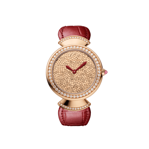 Divas' Dream 18 kt rose gold watch with diamond-set bezel and links, gold mosaic dial, red hands and red alligator bracelet. Water-resistant up to 30 metres 103996 image 1