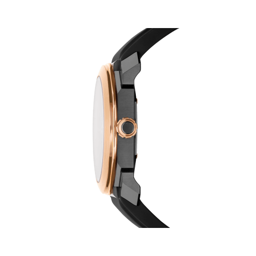 Octo watch with mechanical manufacture movement, automatic winding and date, stainless steel case treated with black Diamond Like Carbon, 18 kt rose gold bezel, black lacquered dial and black rubber bracelet. 102485 image 3