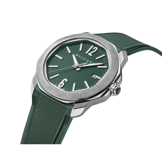 Octo Roma watch in satin-brushed and polished stainless steel with additional interchangeable green rubber strap and green Clous de Paris dial. Mechanical manufacture movement with automatic winding. Water-resistant up to 100 metres. 104091 image 7