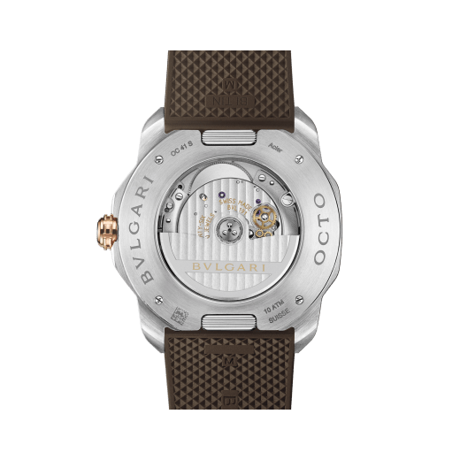 Octo Roma watch in stainless steel with additional interchangeable brown rubber strap, 18 kt rose gold bezel and grey Clous de Paris dial. Mechanical manufacture movement with automatic winding. Water-resistant up to 100 metres. 103928 image 8