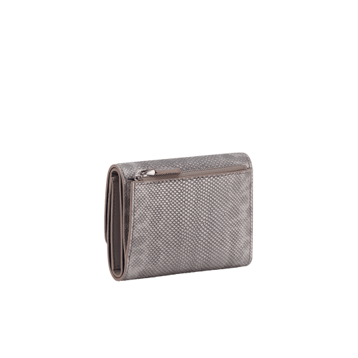 BULGARI BULGARI compact yen wallet in silver pearled karung skin outside with foggy opal grey nappa leather interior. Iconic palladium-plated brass clip with flap closure. 293496 image 3