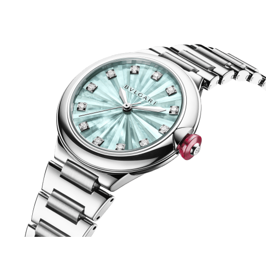 Lvcea watch in polished and satin-brushed stainless steel with automatic movement, green mother-of-pearl intarsio dial and 12 diamond indexes. Water-resistant up to 50 metres 103728 image 2